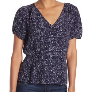 J. Crew Navy Blue White Star Print Peplum Button Front Top Size 00